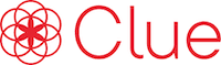 Red Clue logo with a geometric flower-like symbol on the left and the word Clue in a modern font on the right, all in red on a white background.
