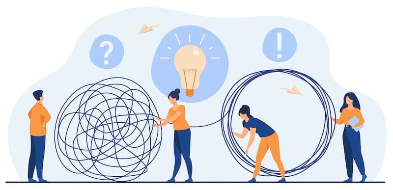 Four people unravel a tangled ball of string into a smooth circle. A question mark and exclamation mark appear above them, symbolising problem-solving. A light bulb icon suggests finding a solution or having an idea.