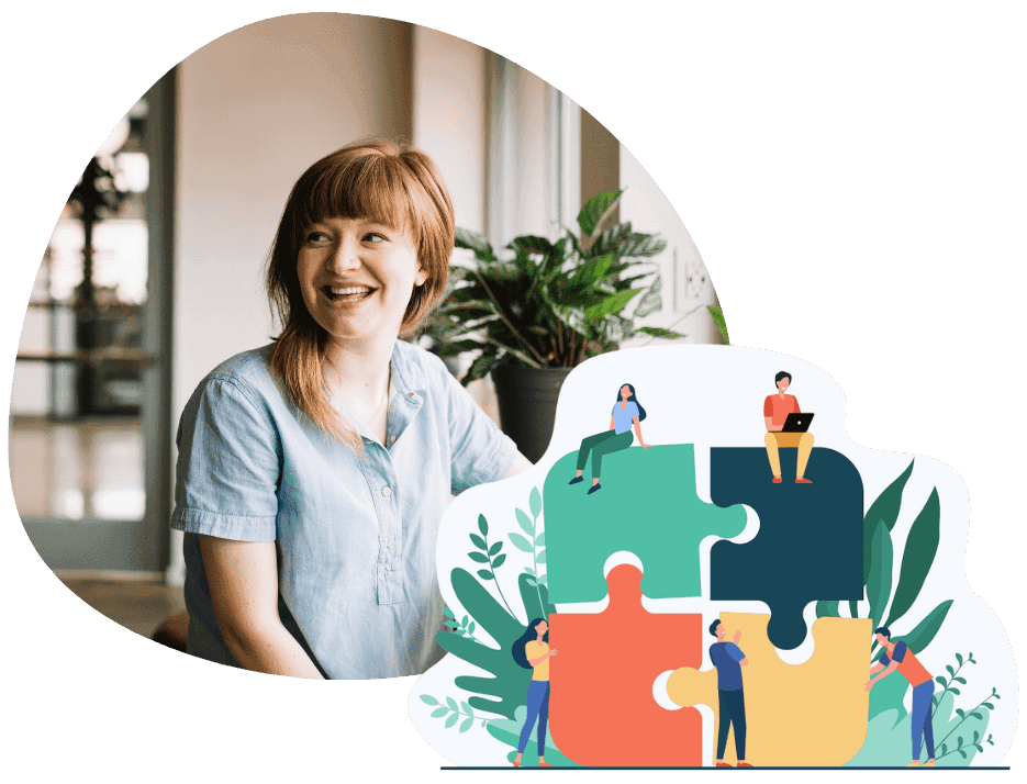 A woman sits in front of a window and smiles while looking away. An illustration of a jigsaw puzzle overlaps with her.