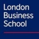 White text reading London Business School on a blue background with a thin red line underneath.