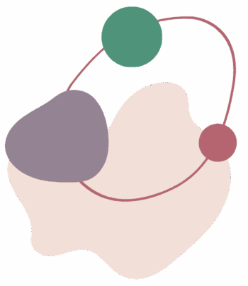 Abstract design with a large beige blob, purple and green shapes connected by a curved pink line on a black background. Minimalistic and modern.
