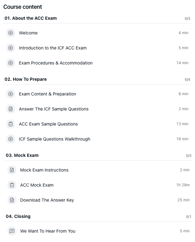 The course content list: four sections -- about the ACC exam, how to prepare, the mock exam and closing -- each lesson with its length.